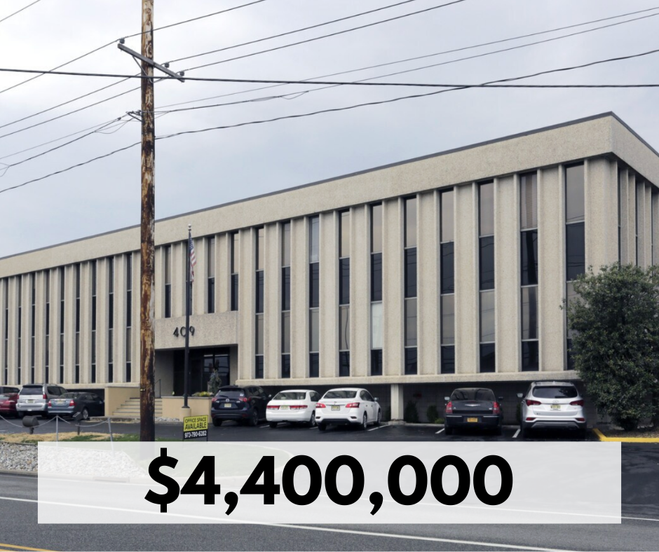 Front view of a three-story office building with a parking lot in front, several cars parked, and power lines overhead. A sign on the building's lawn indicates office space is available. The price $4,400,000 is displayed in large text at the bottom.
