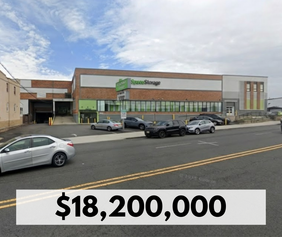 A street view of a large store called 'Storage' with parked cars in front, and a sign indicating the price of $18,200,000.
