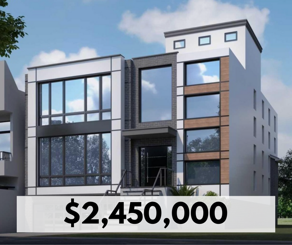 Modern multi-story house with large glass windows and a mix of white, gray, and wood exterior finishes, with a clear sky background.