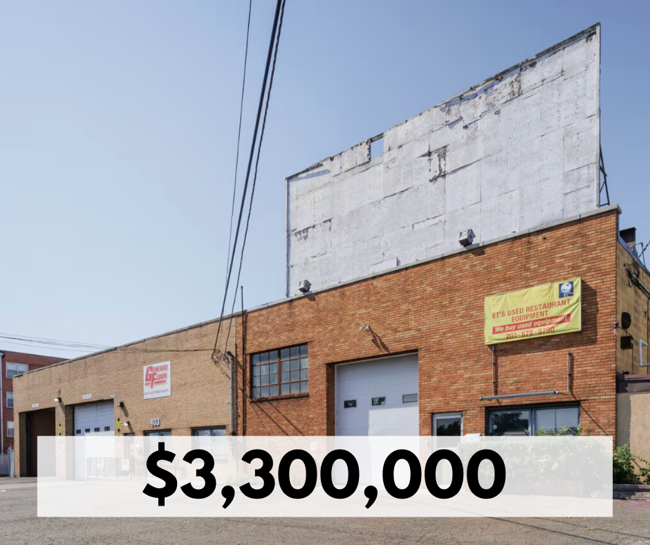 Image of a commercial building with a yellow sign that reads 'ET'S USED RESTAURANT EQUIPMENT. We buy used equipment!' and a white garage door, image includes power lines in the sky and a street view, with a caption displaying '$3,300,000'.