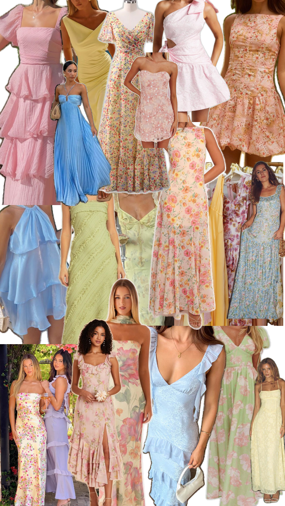 A collage of women wearing various colorful and floral dresses and gowns, suitable for spring or summer occasions.