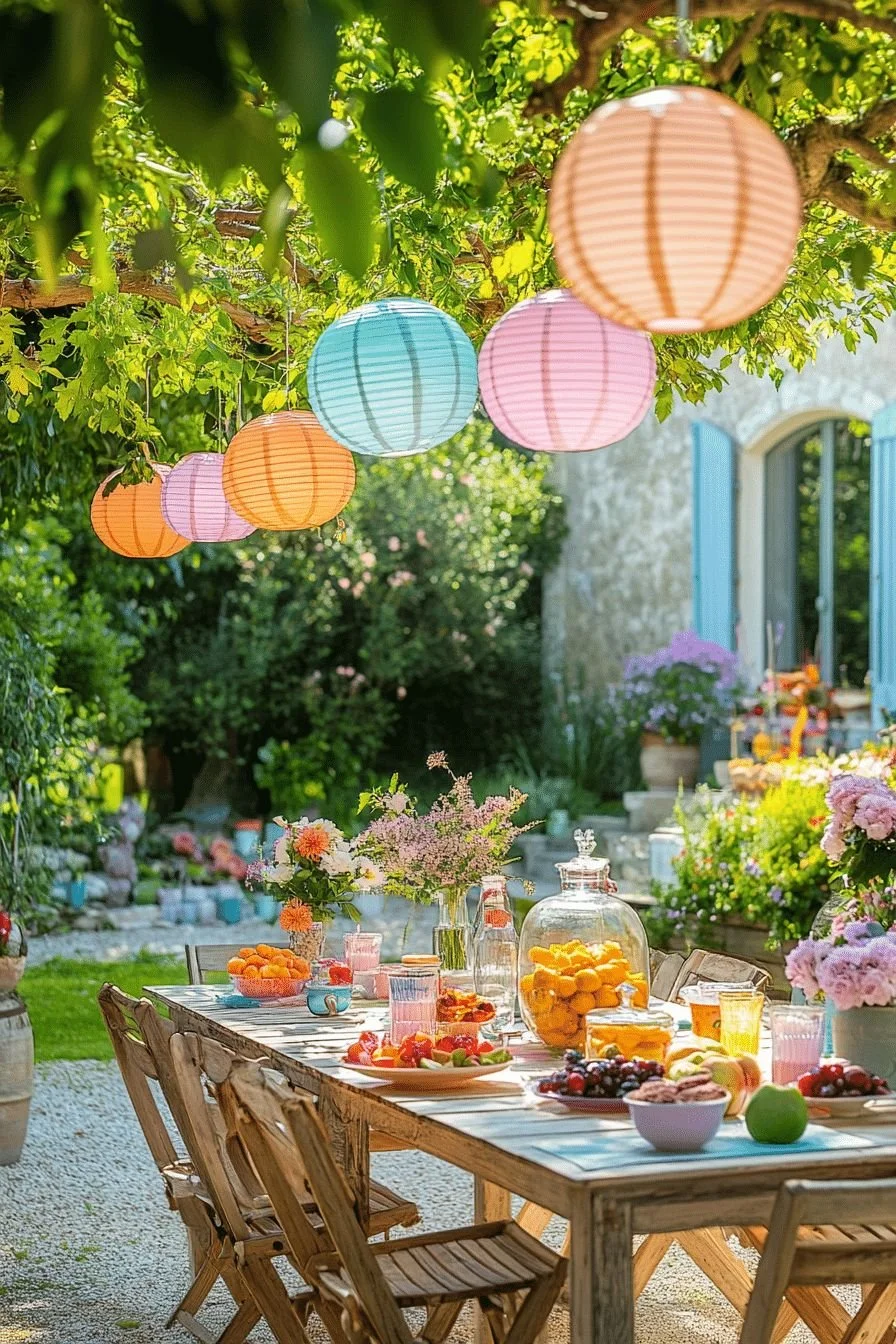 Outdoor garden party with a decorated table and colorful paper lanterns hanging from trees.