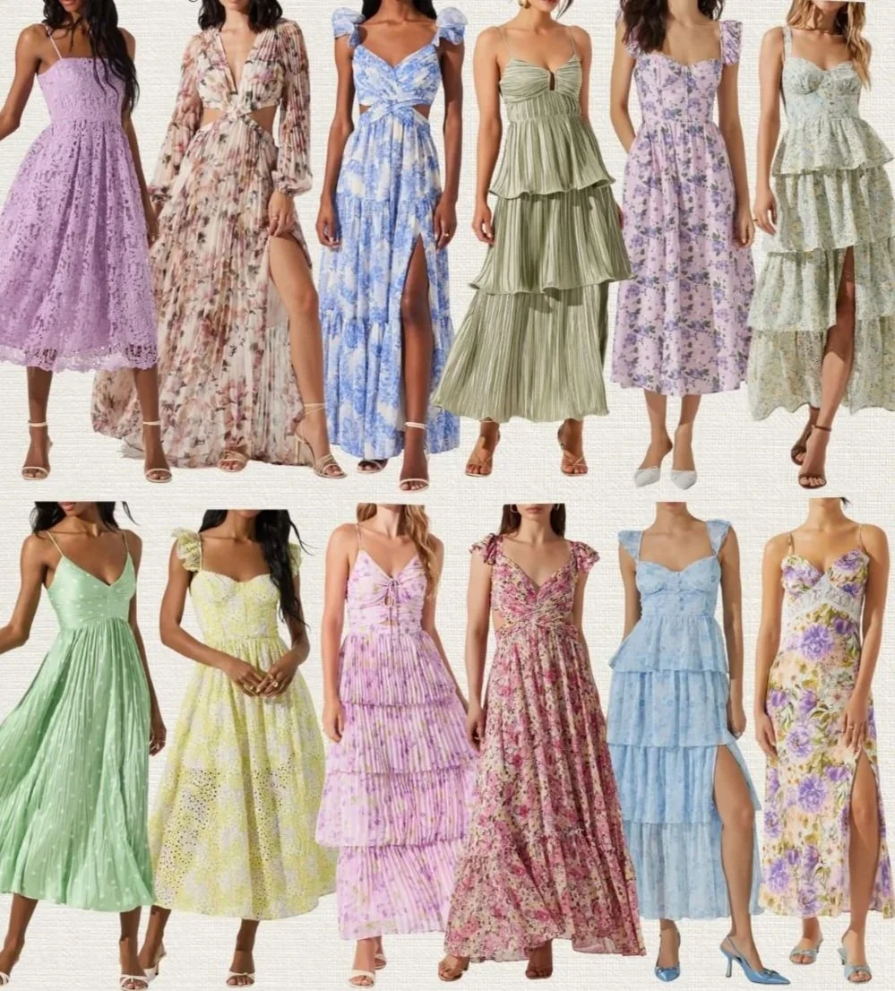 A lineup of eleven women modeling various floral and colorful summer dresses in pastel shades.