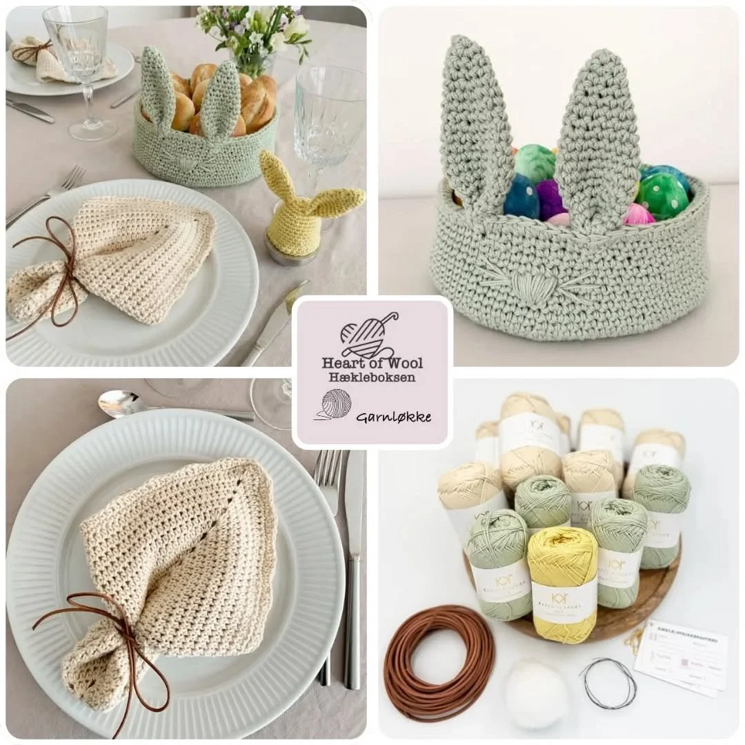 Mit bud p&aring; marts m&aring;neds h&aelig;kleboks 

H&aelig;klet br&oslash;dkurv med kanin&oslash;rer og hale, h&aelig;klet &aelig;ggevarmer og h&aelig;klet d&aelig;kkeserviet.

Du kan k&oslash;be opskriften og garn samlet lige her 👇

www.cafehear