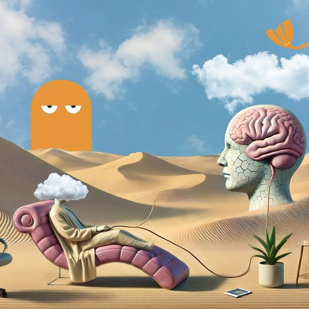 person sitting with head in cloud holding wire that connects to a brain in a statue in the desert with Our Kind Therapy cartoon logo figure