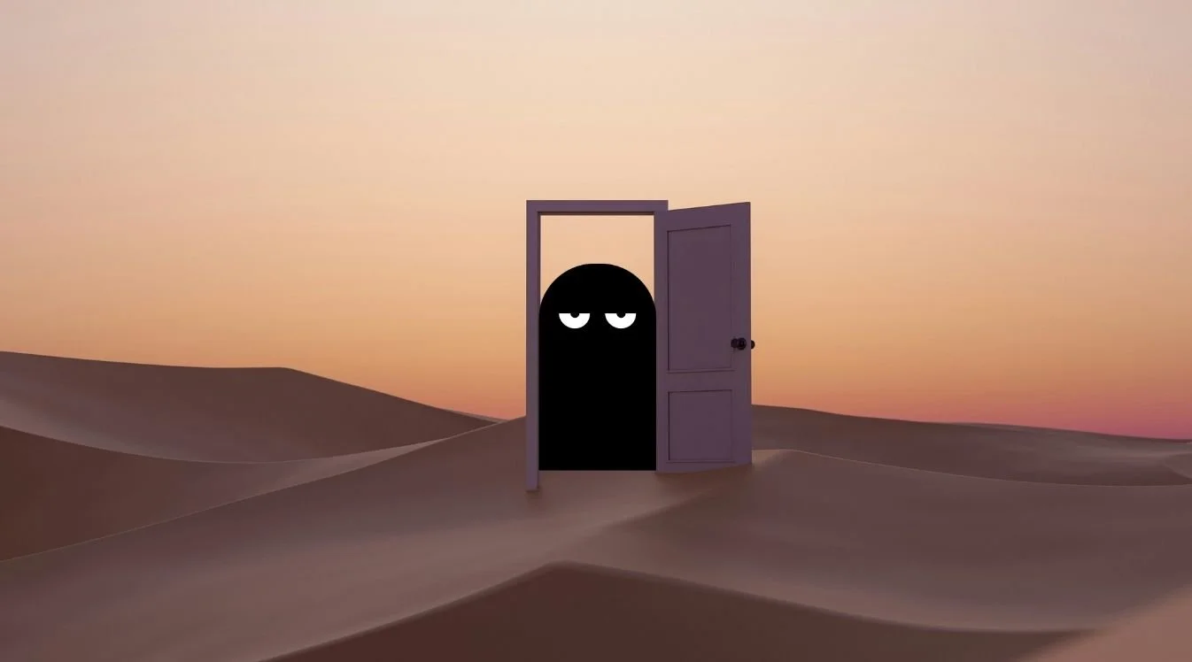 Our Kind Therapy Cartoon Logo Figure standing in a doorway in a cartoon desert