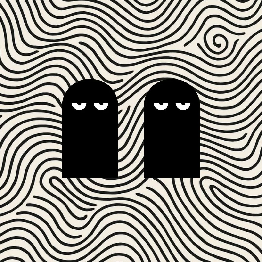 Our Kind Therapy cartoon logo figures on top of squiggly line background