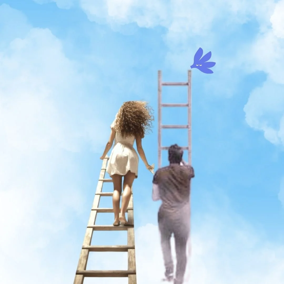 woman climbing a ladder next to a man climbing another ladder in the sky 