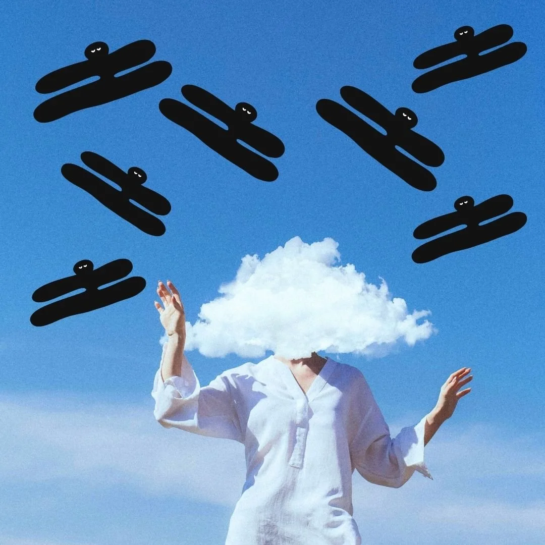 woman with head in clouds and Our Kind Therapy cartoon logo figures flying around