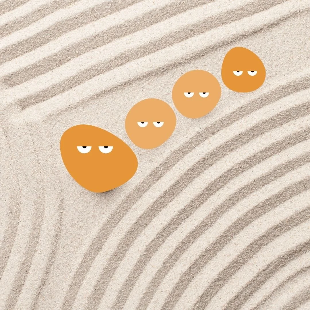 Our Kind Therapy cartoon logo figures in a line on sand 