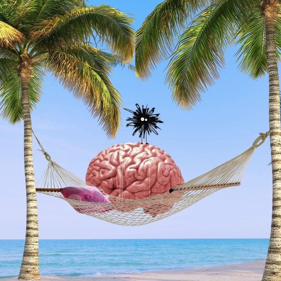 image of brain resting in a hammock on a beach with palm trees and an Our Kind Therapy cartoon logo figure standing on top of the brain 