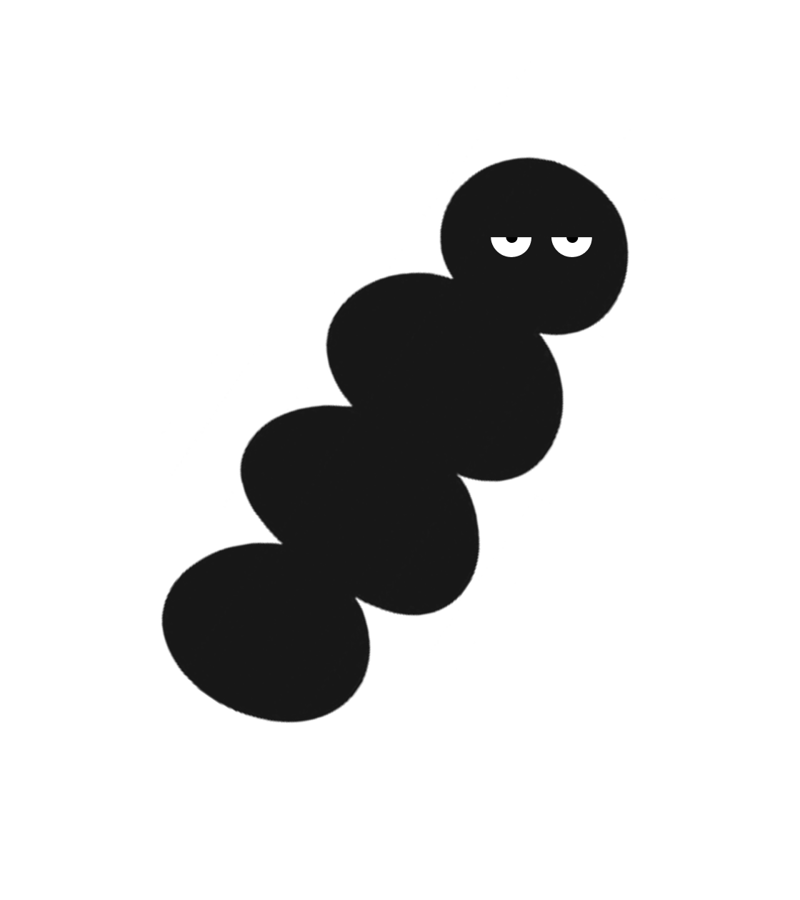 A black caterpillar with a round head and body segments, showing a tired or unimpressed facial expression with half-closed eyes.