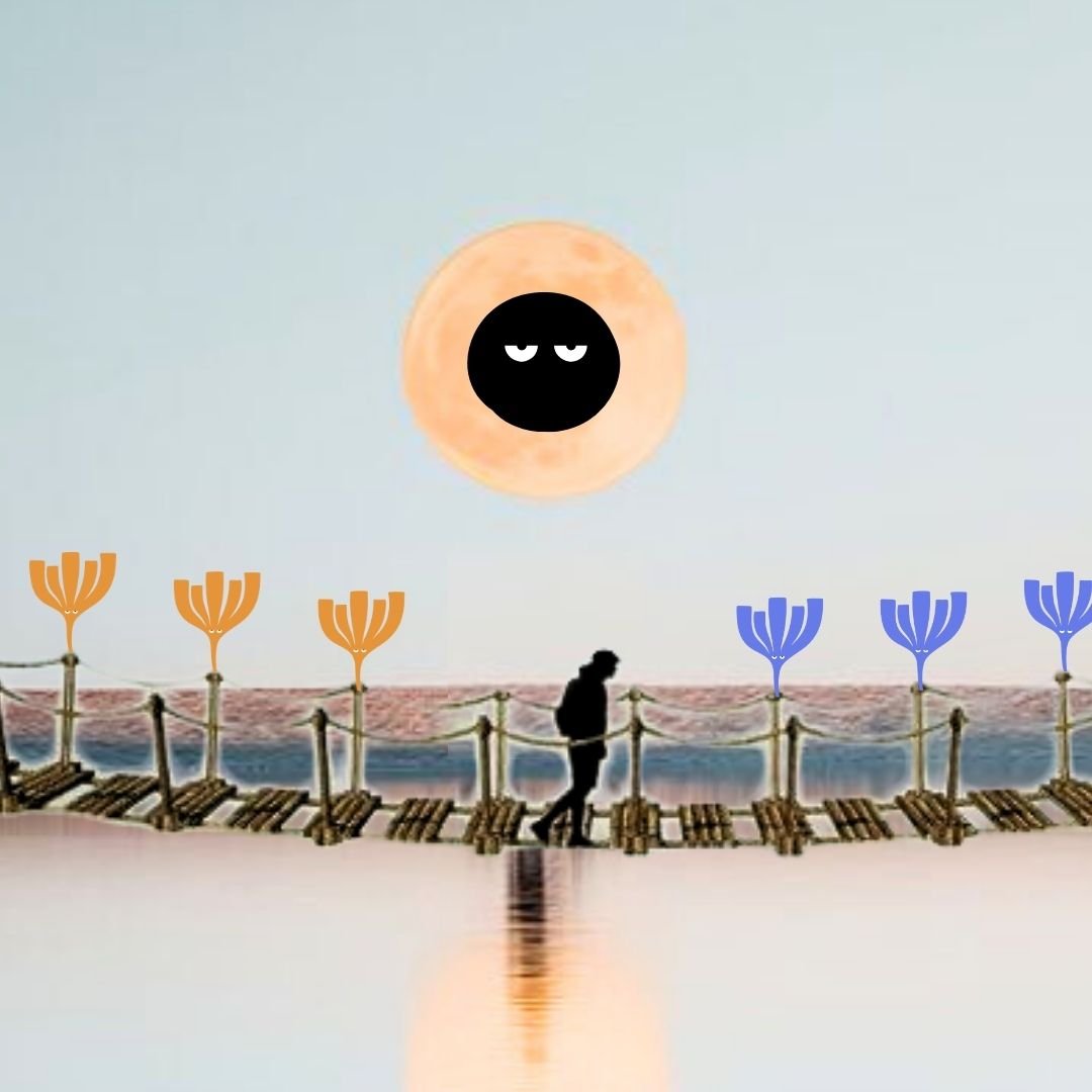 person crossing a bridge with moon in the sky and Our Kind Therapy cartoon logo figures lighting the path