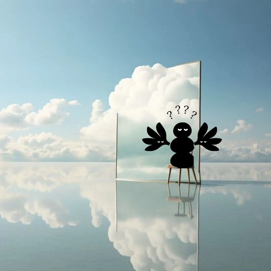 Our Kind Therapy cartoon logo siting on stool in front of mirror in the clouds