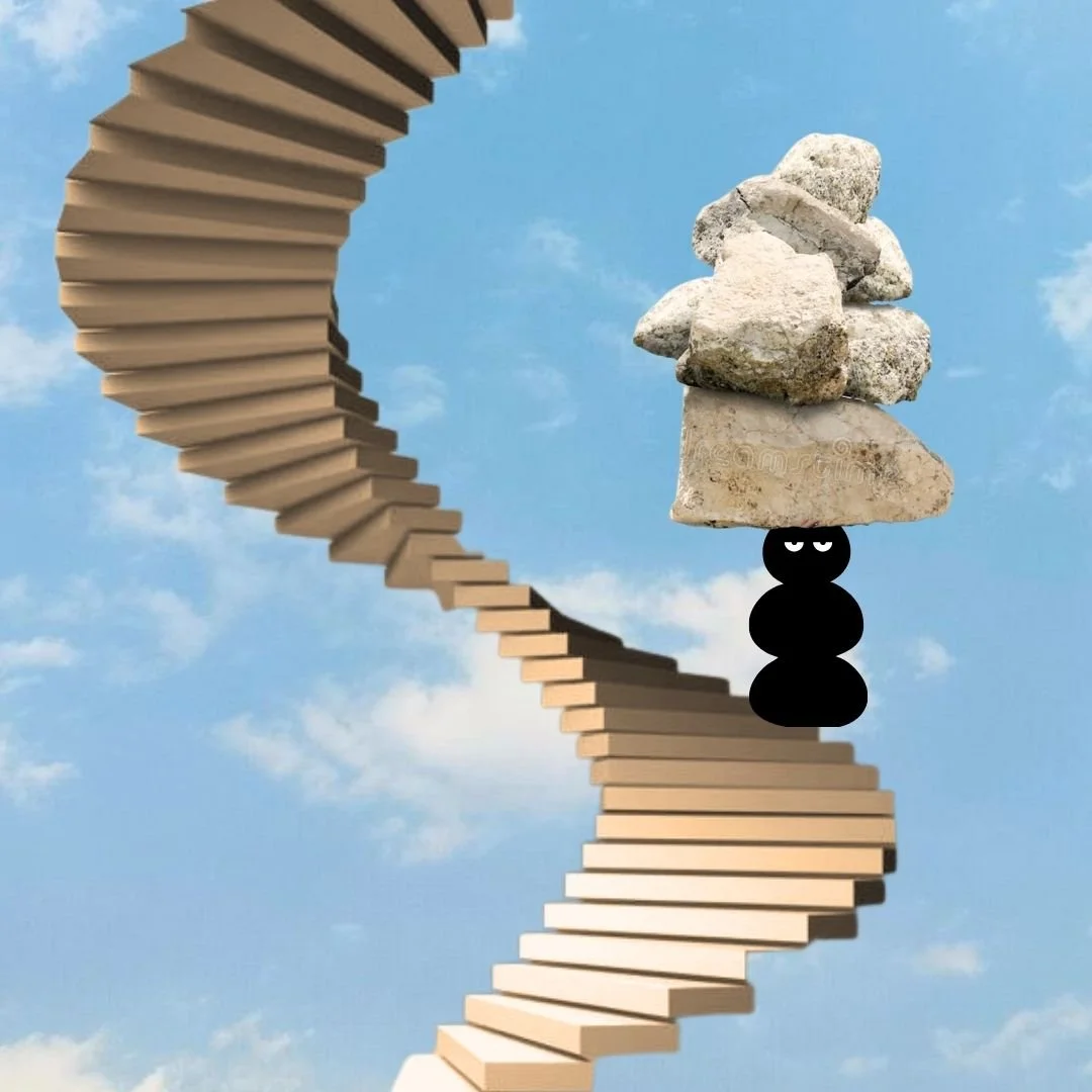 Staircase spiraling towards sky with Our Kind Therapy cartoon logo figure on the stairs balancing rocks on its head