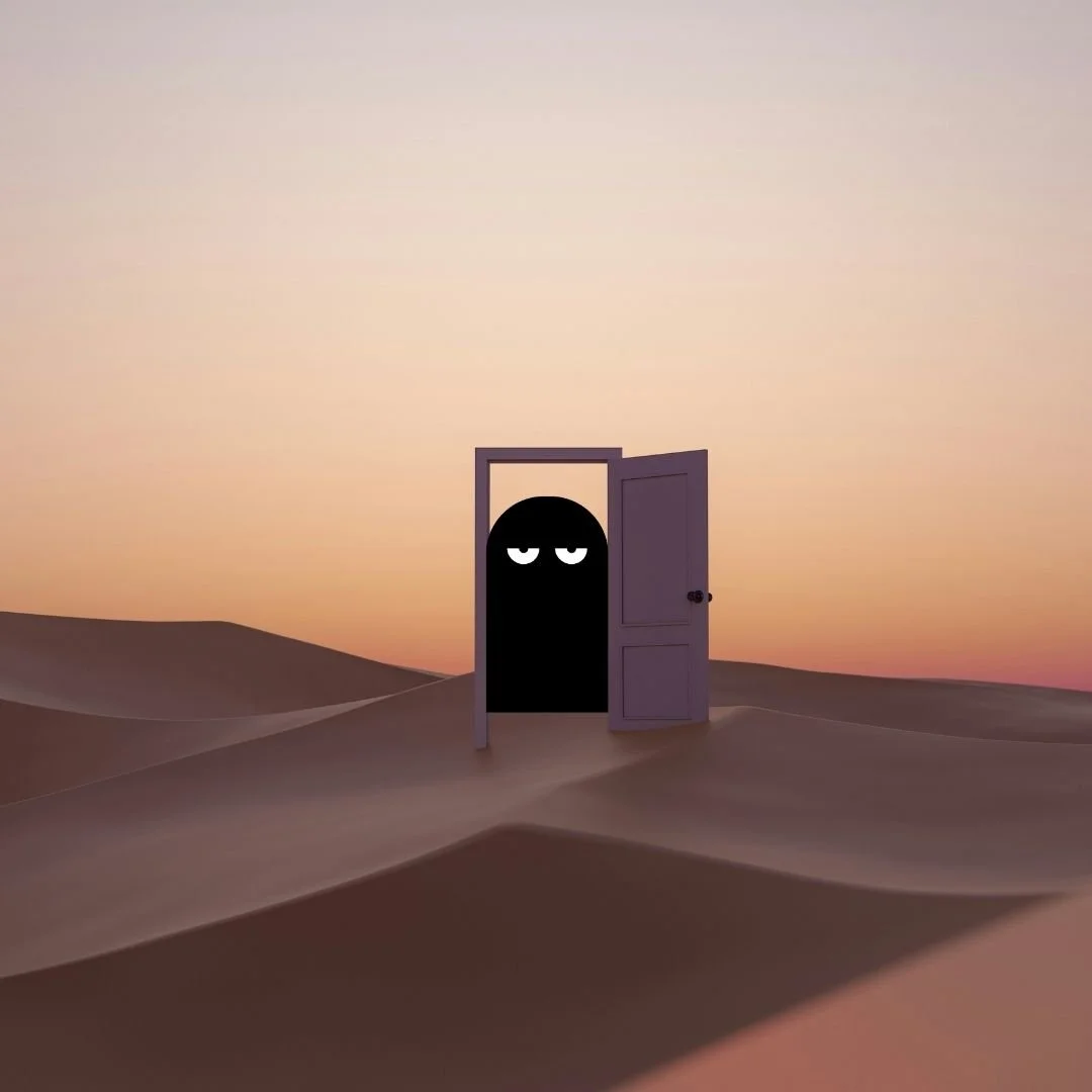 Our Kind Therapy cartoon logo figure standing in doorway in the middle of a cartoon desert