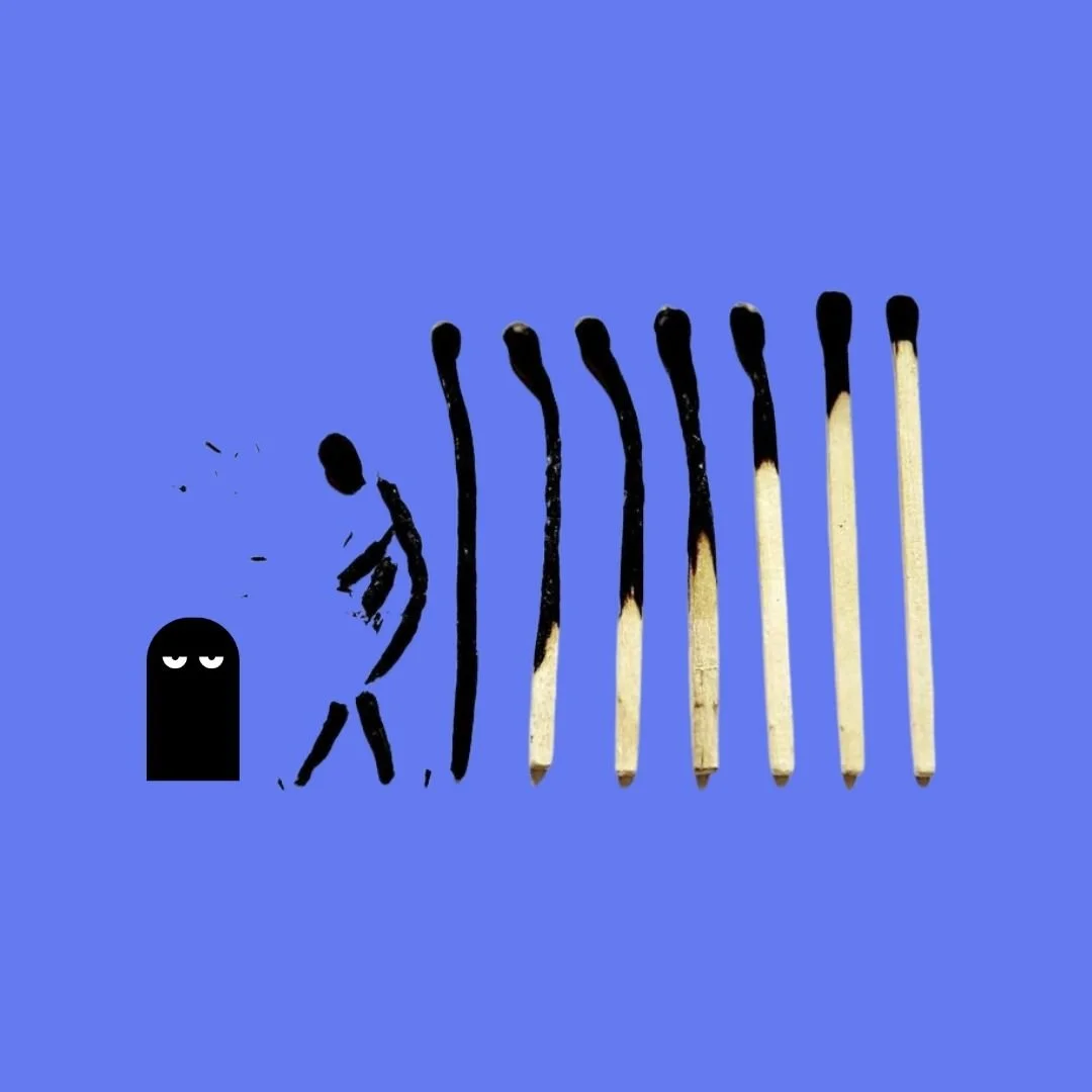 Our Kind Therapy cartoon logo figure next to burntout man made of matches next to burnt matches