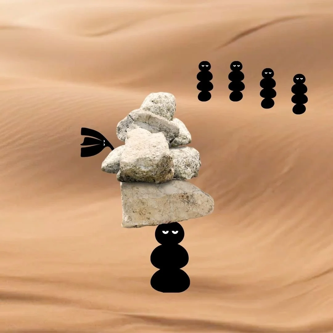 Our Kind Therapy cartoon logo figure carrying rocks on its head in the desert with other Our Kind Therapy cartoon logo figures watching from a distance in the desert