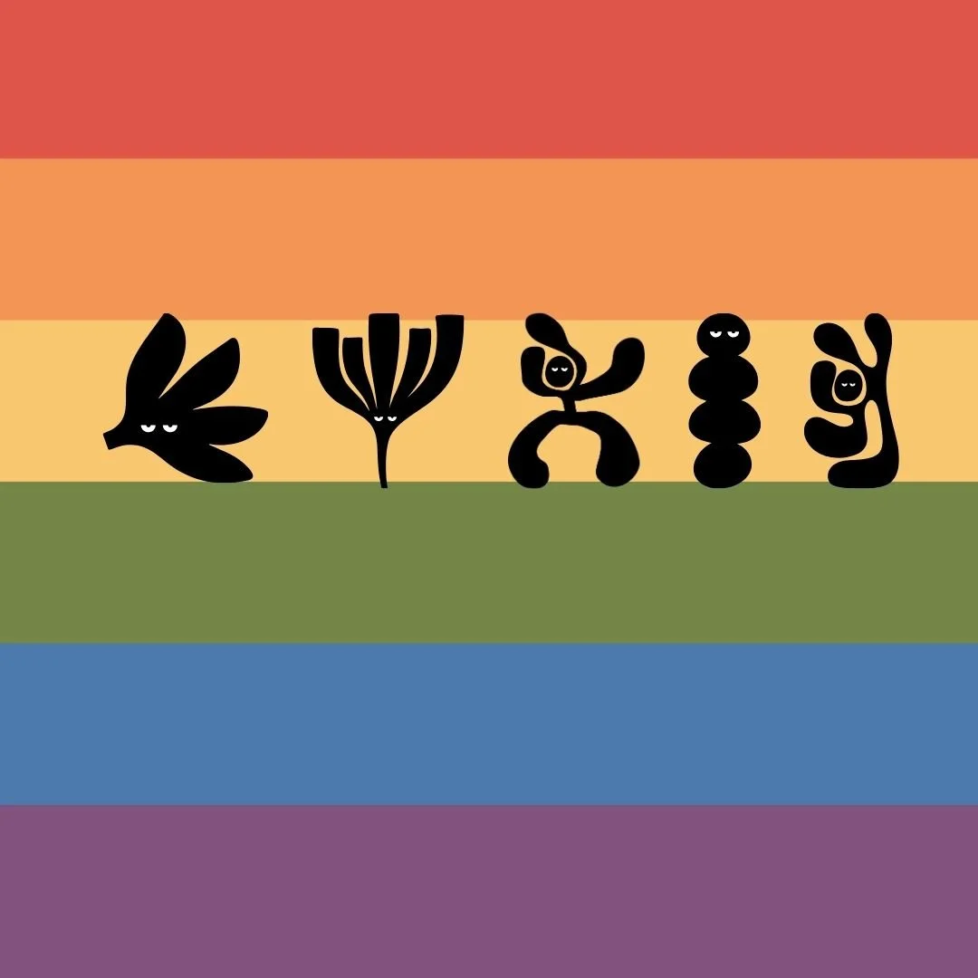 lgbtq rainbow flag with Our Kind Therapy cartoon logo images on top