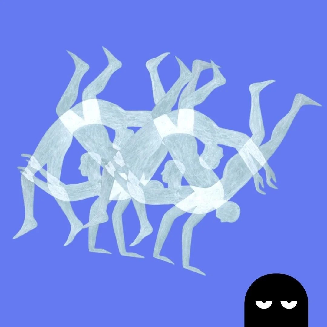 drawings of bodies doing acrobats with Our Kind Therapy cartoon logo figure in the corner