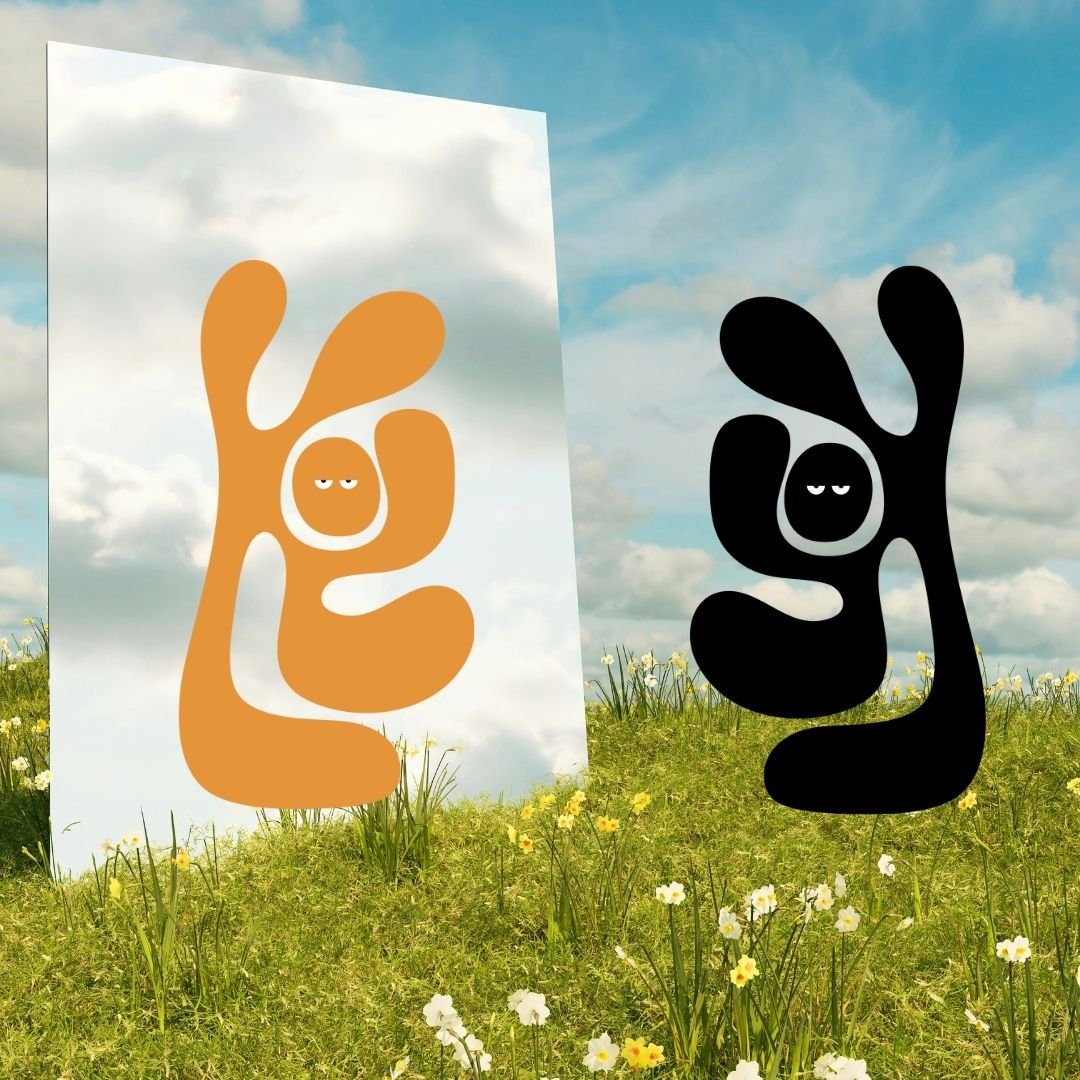 Our Kind Therapy cartoon logo figure looking at itself in mirror in field with wild flowers