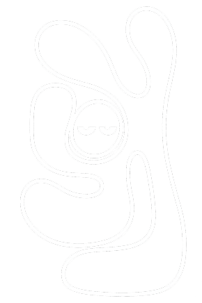 Abstract black and white line drawing of a face with closed eyes surrounded by curving lines.