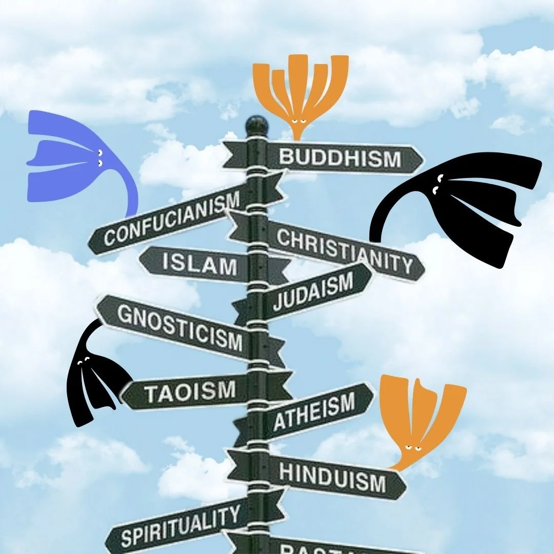 street sign with 11 different directions named 11 different religions and Our Kind Therapy cartoon logo figures balancing on them