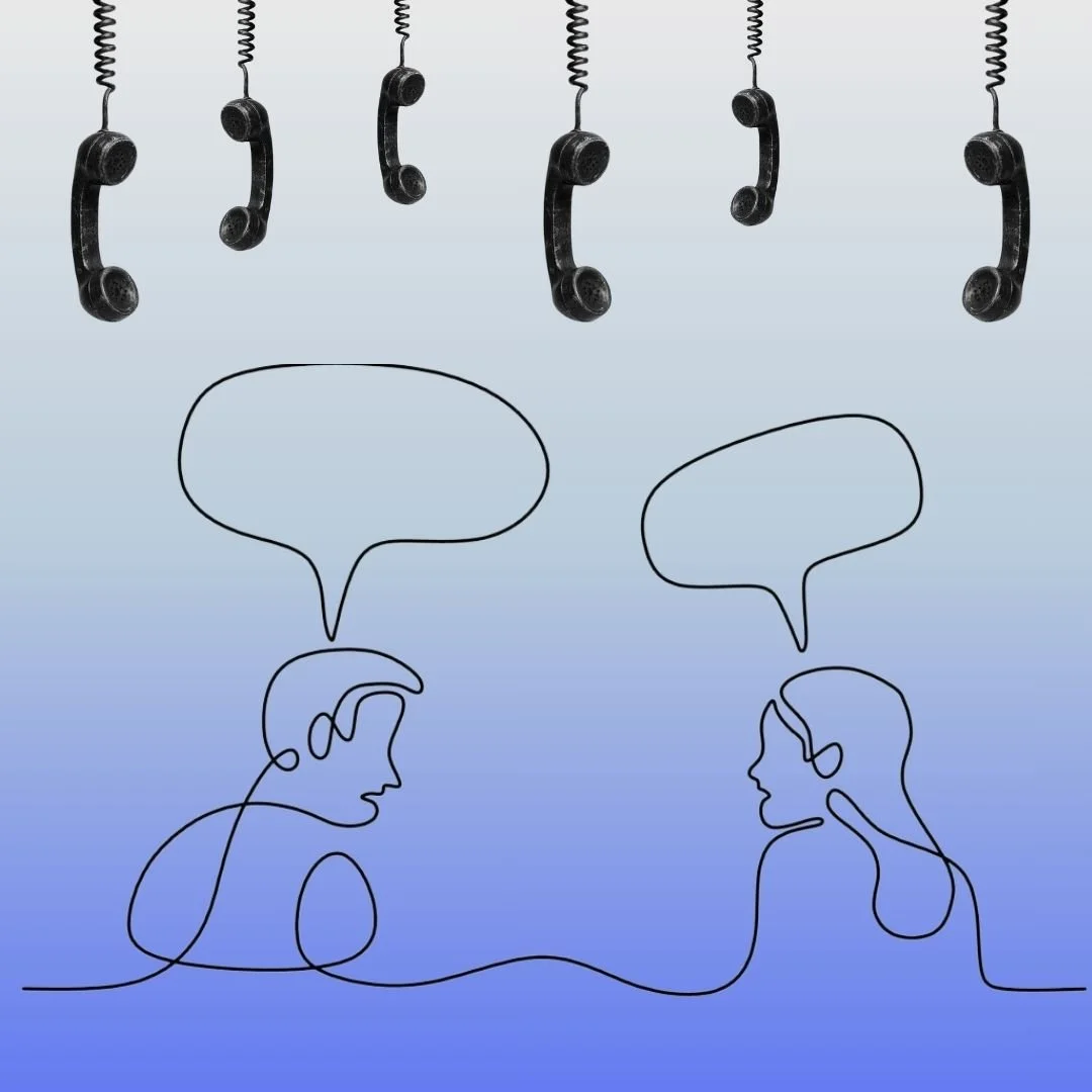 phones hanging from top with doodle of people talking beneath