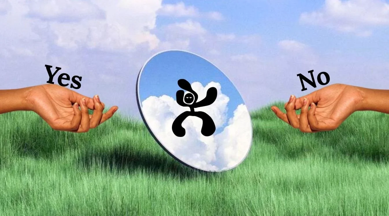 two hands in field of grass with mirror in between saying yes, no, and Our Kind Therapy cartoon logo