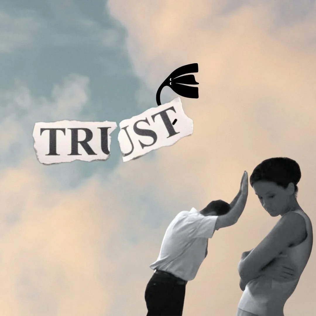 man frustrated with arms up and woman sad with arms crossed in front of a sky with the word 'trust' ripped