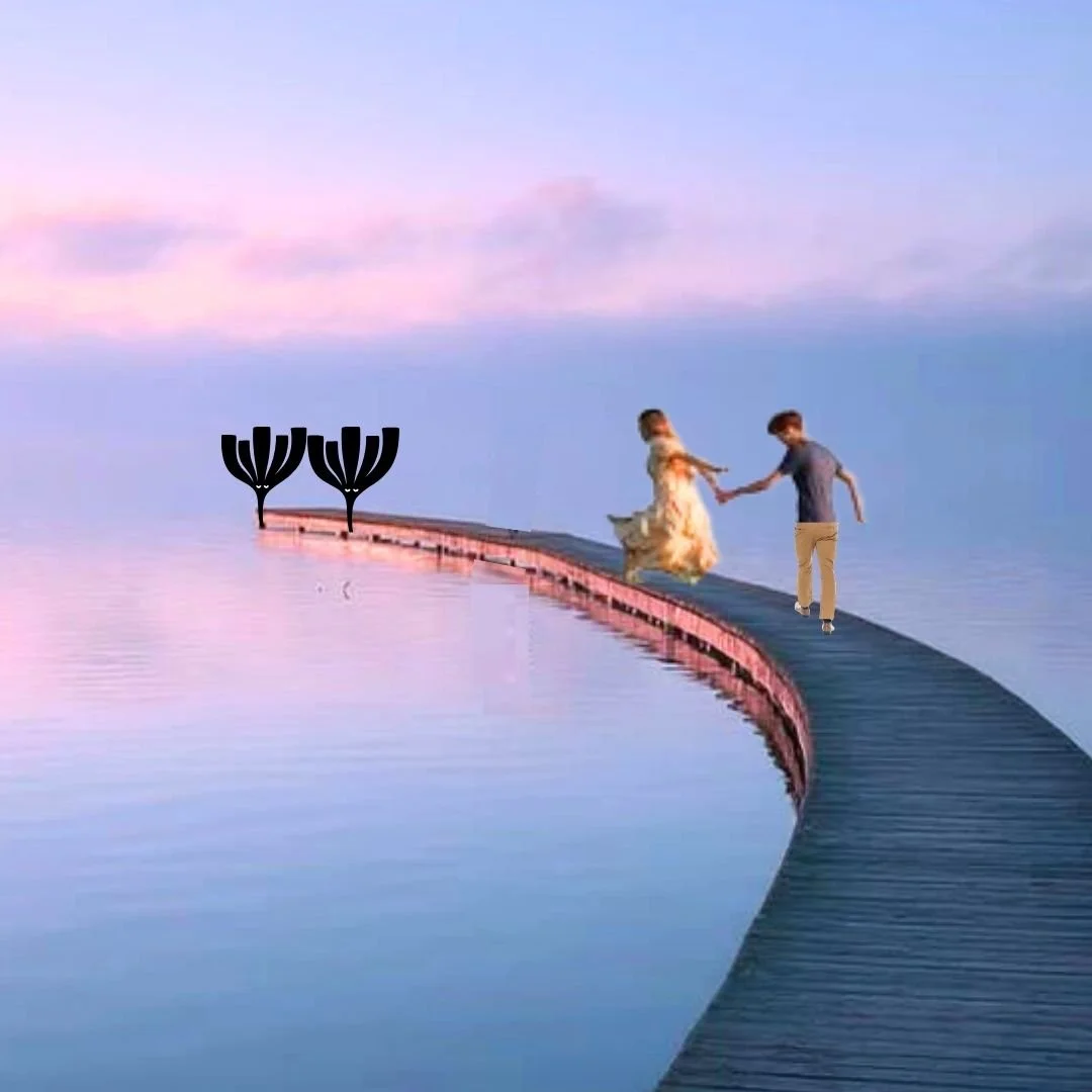 woman holding hands running with man on pier towards Our Kind Therapy cartoon logo figures