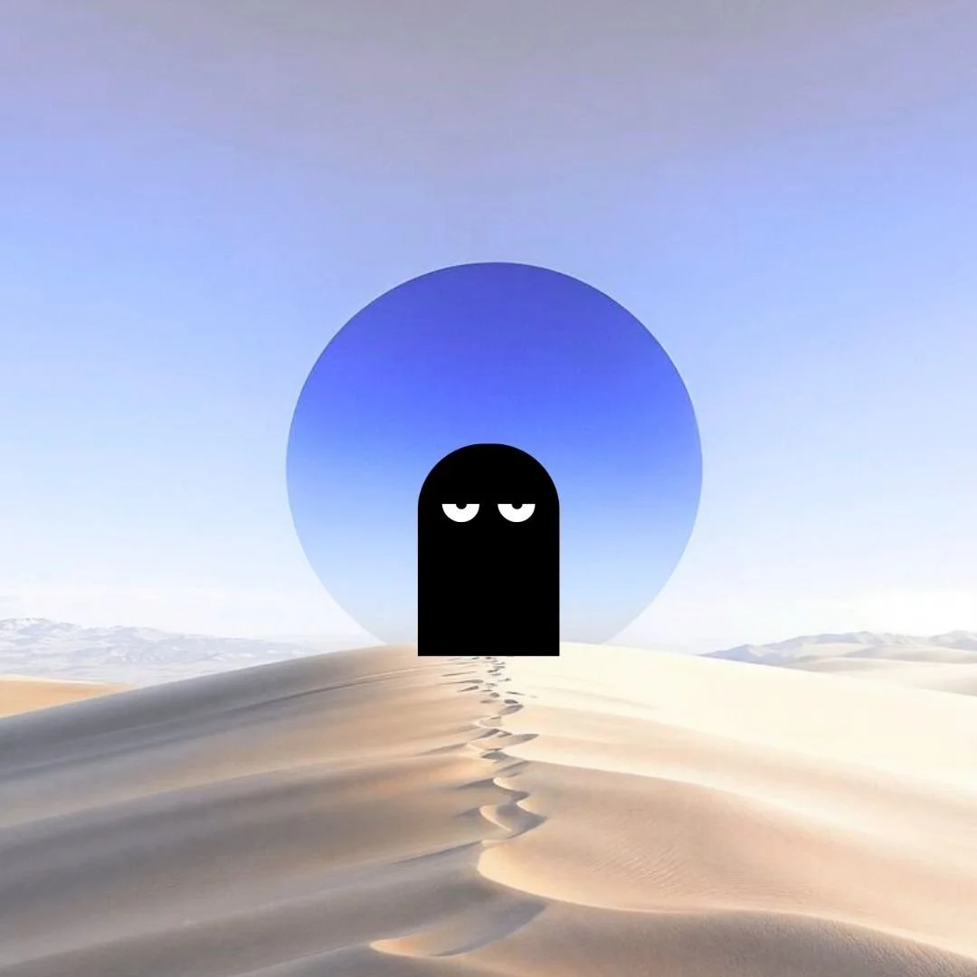 Our Kind Therapy cartoon logo figure standing on sand dune with blue circle behind it