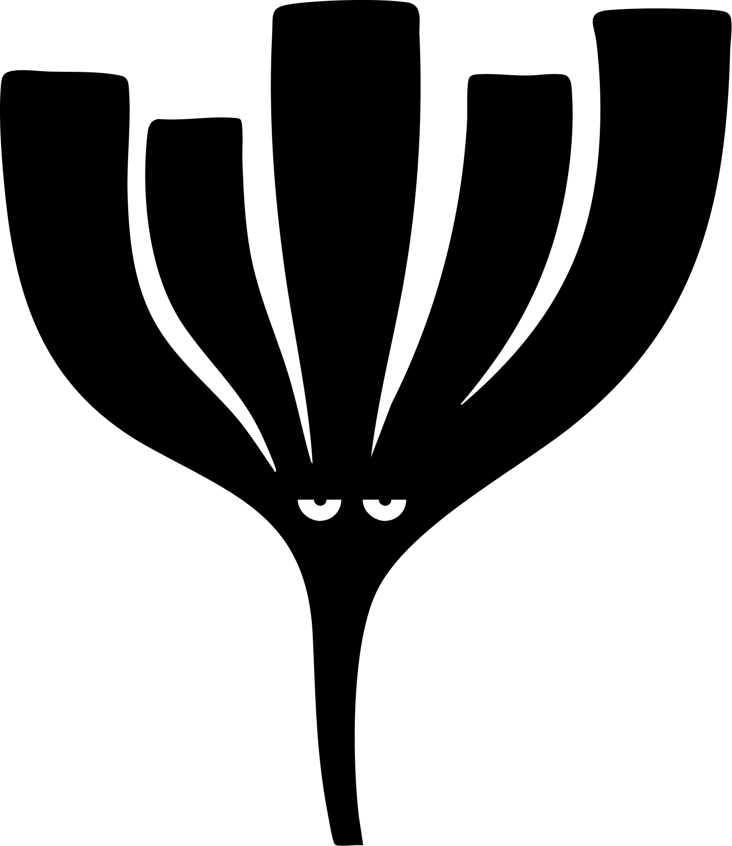A black cat with white eyes and a slightly curved tail sitting on a black background.