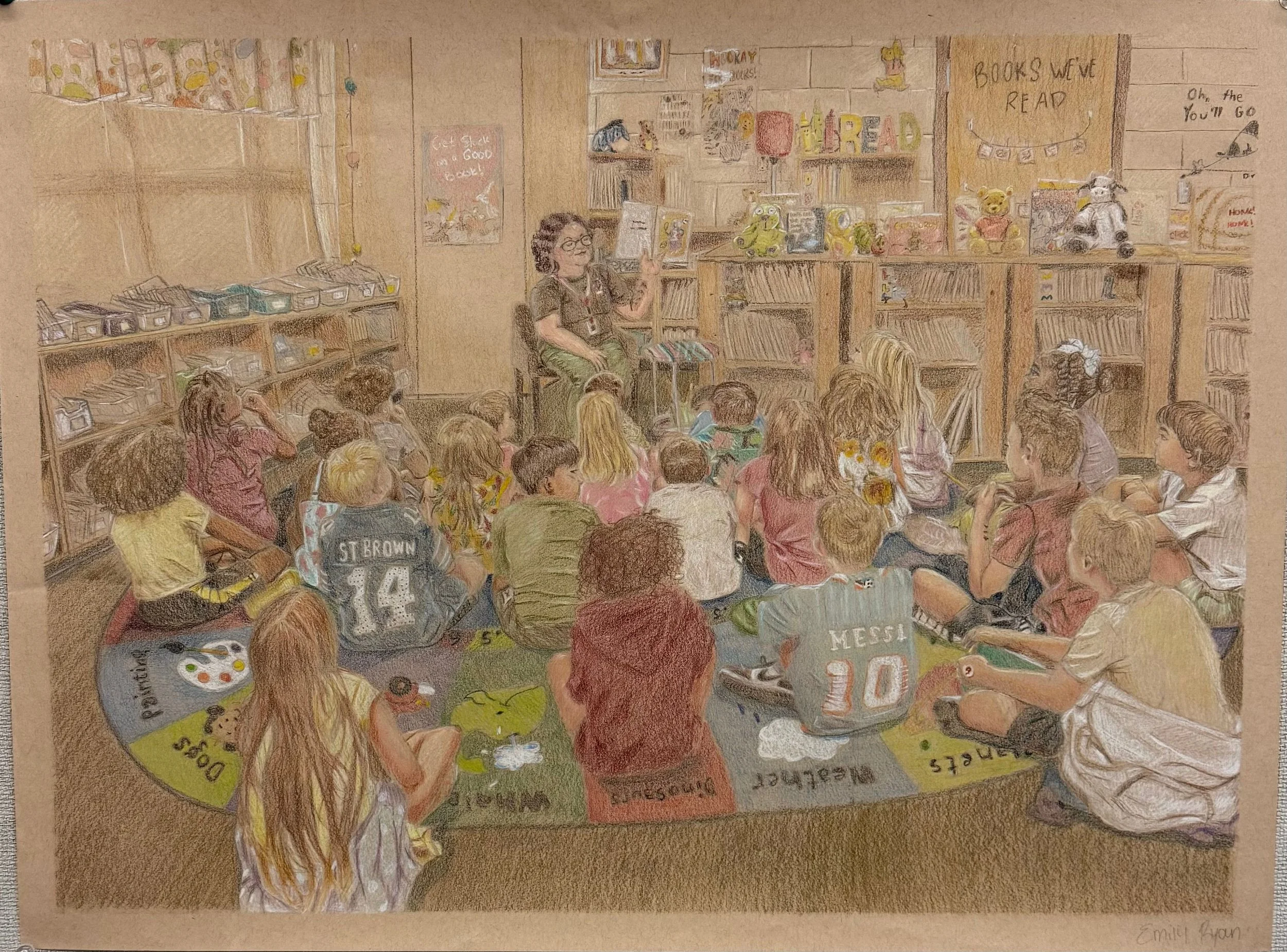 Elementary School Library, 18" x 24", Color Pencil on Paper