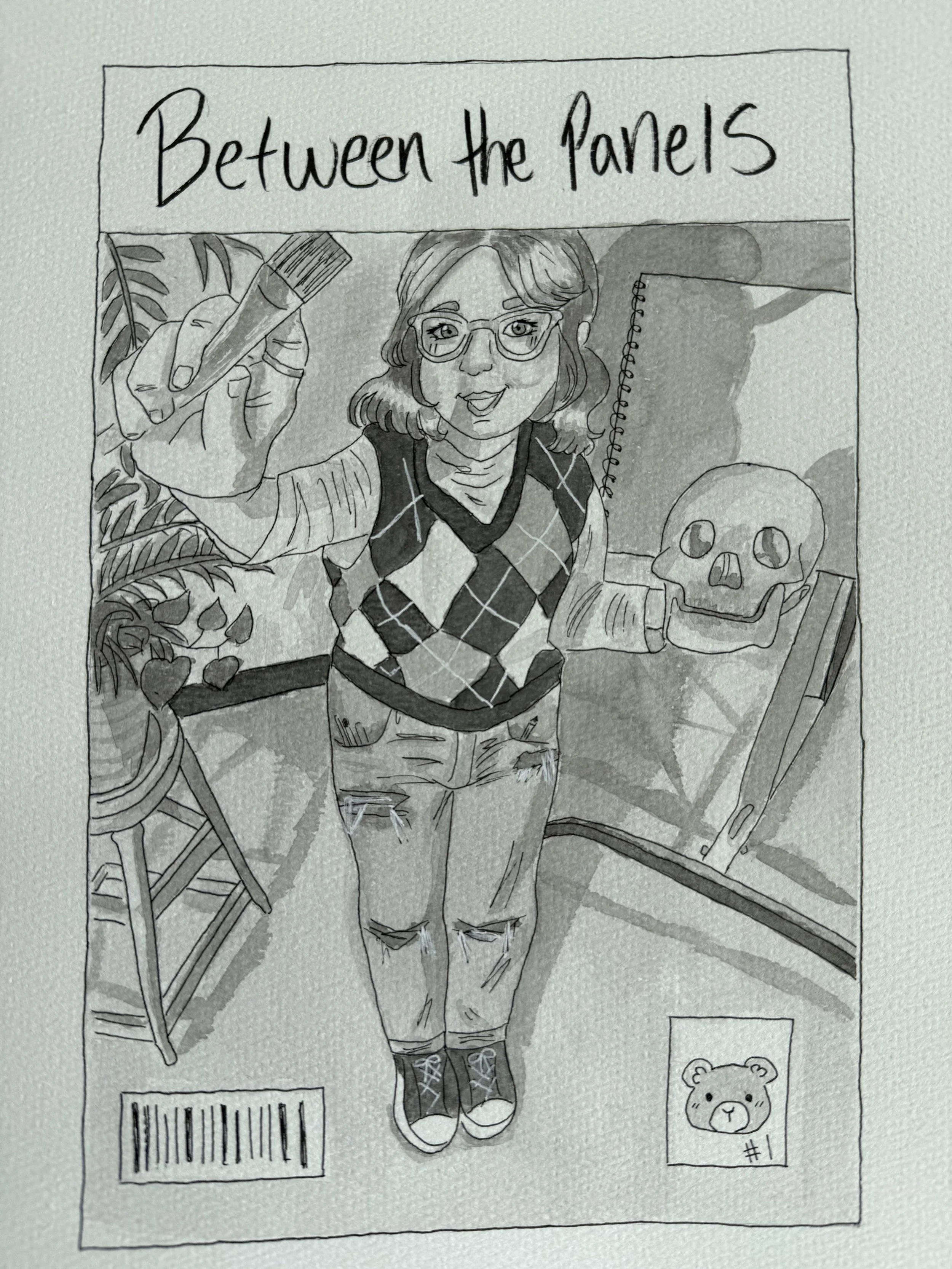 Between the Panels, 7" x 10", Pen and Ink on Watercolor Paper 