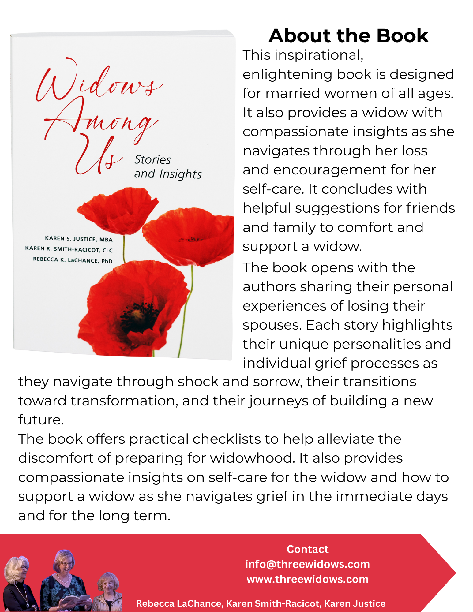 Book cover titled 'Widows Among Us' featuring red poppies. Adjacent text describes the book's focus on widows' stories, insights, and self-care guidance. Bottom left shows women reading, bottom right provides contact info and authors' names.