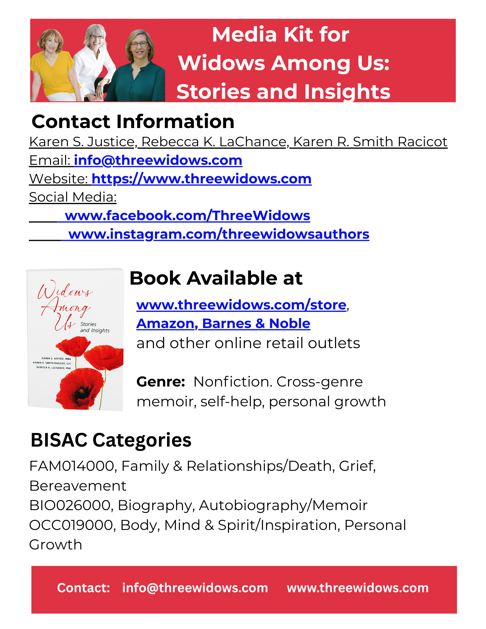 Flyer for media kit titled 'Media Kit for Widows Among Us: Stories and Insights' featuring three women, with contact information, social media links, book cover image, and details about the book and categories.