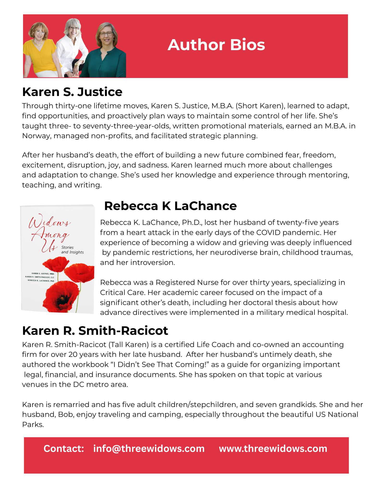 Book cover titled "Widows Among Us" featuring red poppies and bios of the three authors.