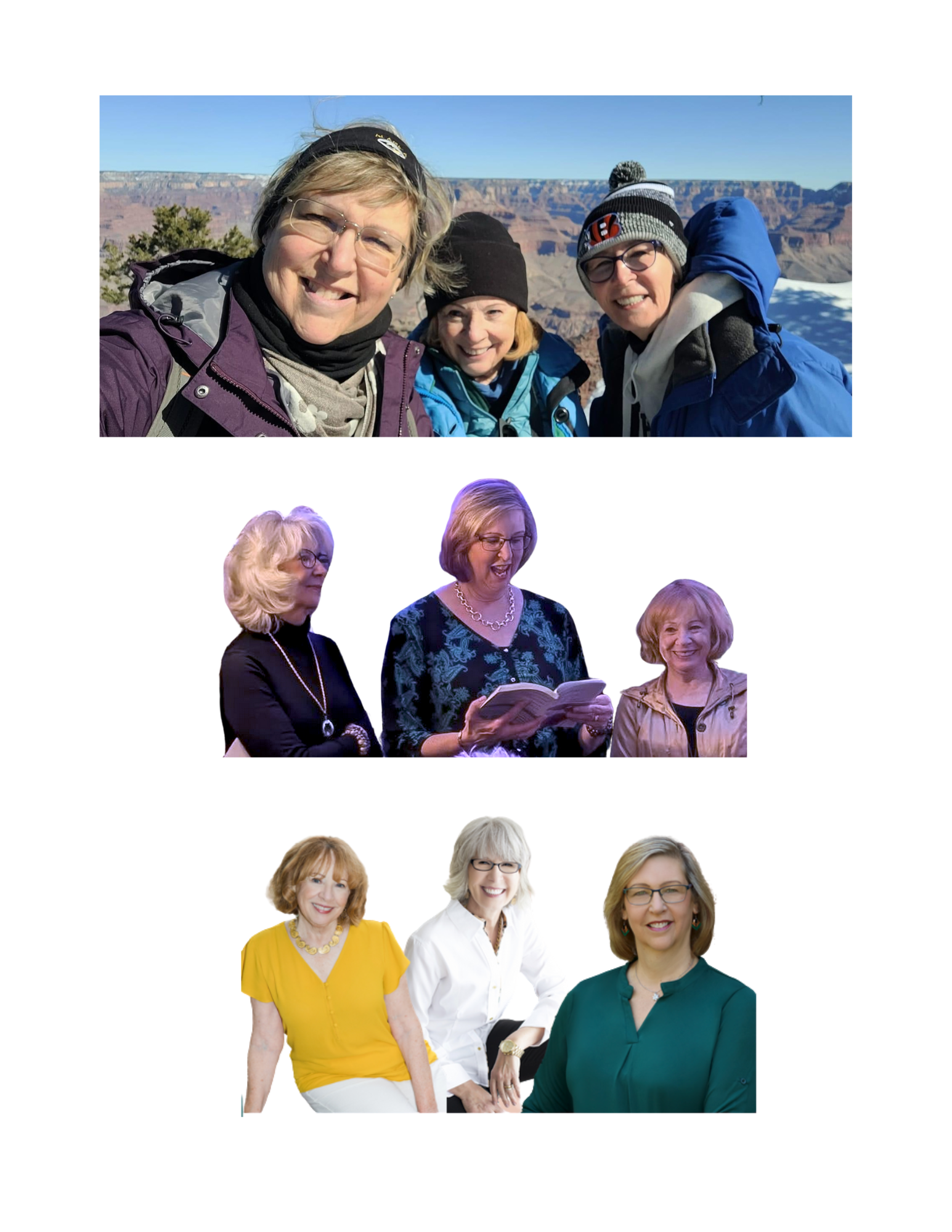 A collage of three photos featuring women. The first photo shows three women taking a selfie at a canyon with snow and blue sky in the background. The second photo shows three women standing together, one reading a book, with a dark background. The t