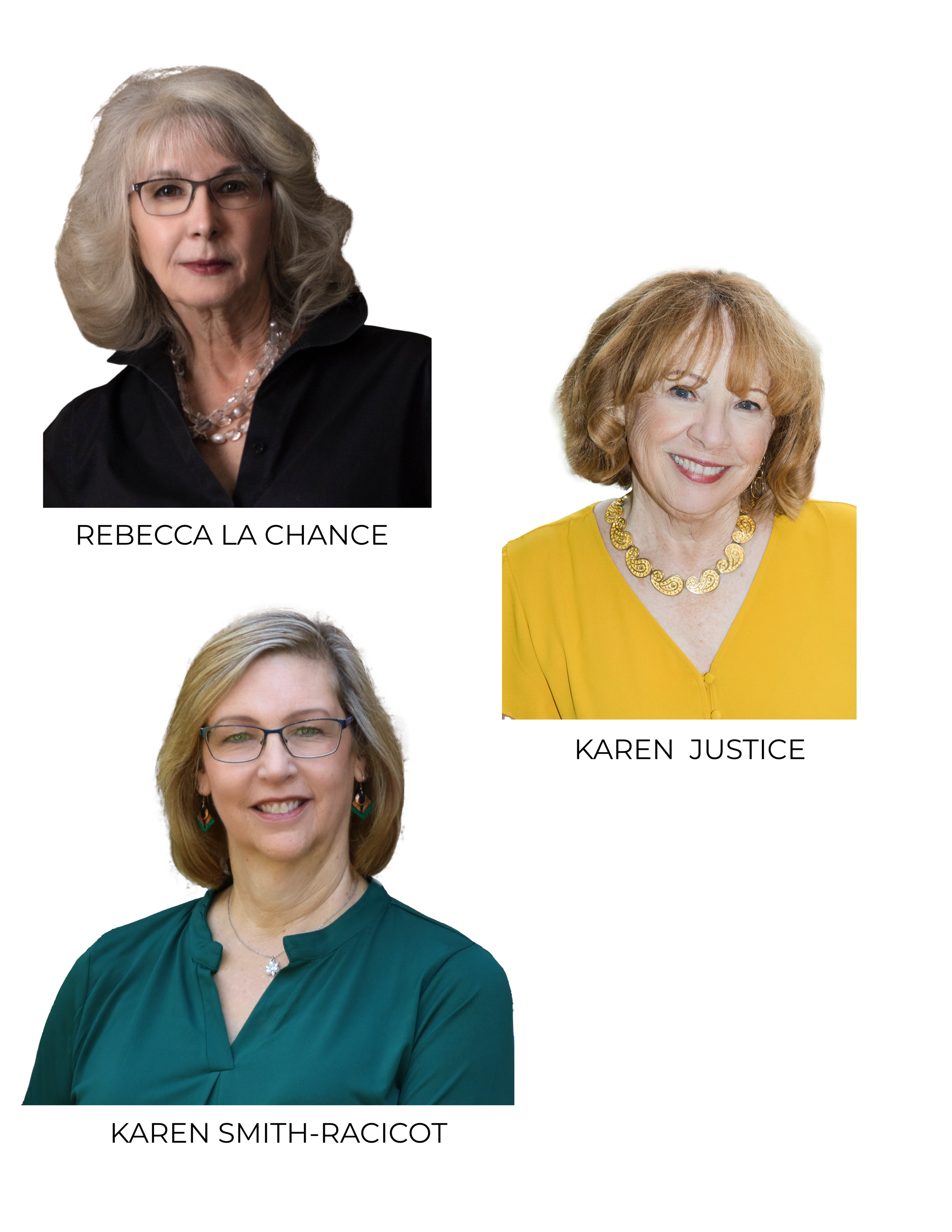 Photographs of three women with their names beneath. The woman on the top left has gray hair, glasses, and is wearing a black top and a pearl necklace, labeled Rebecca La Chance. The woman on the top right has red hair, is smiling, and wearing a yell