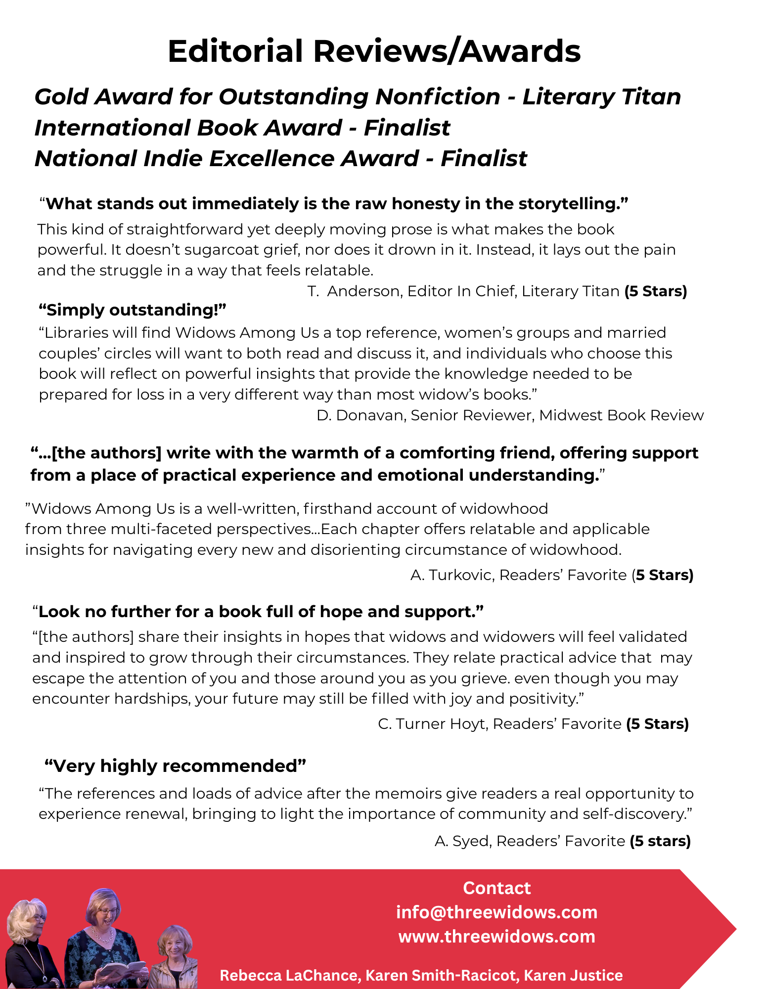 A promotional flyer for book reviews and awards, highlighting winners and finalists, including quotes from reviewers, with a red section at the bottom featuring contact information and images of three women at a book event.
