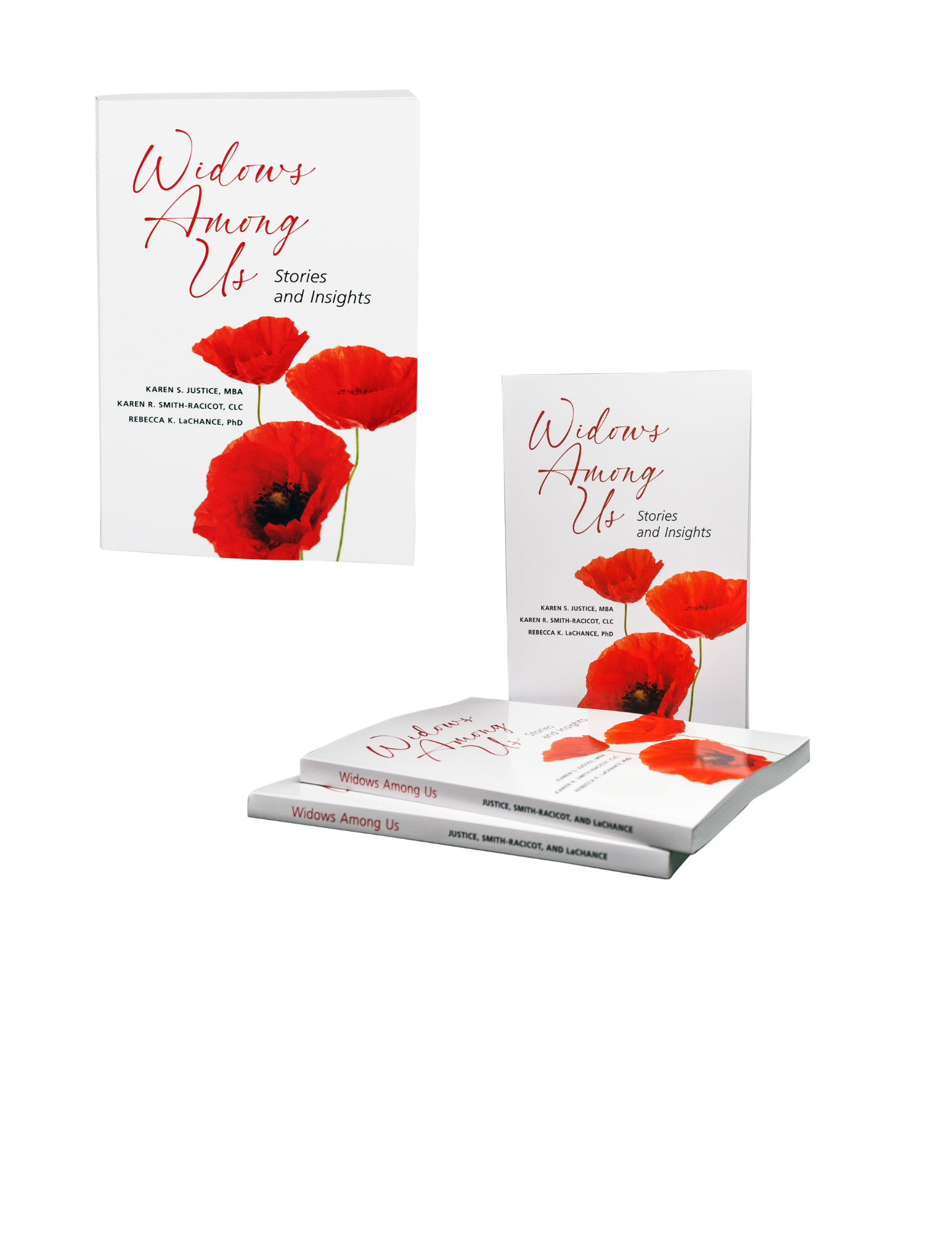 Books titled "Widows Among Us" with a white cover featuring red poppy flowers, shown upright, sideways, and stacked.