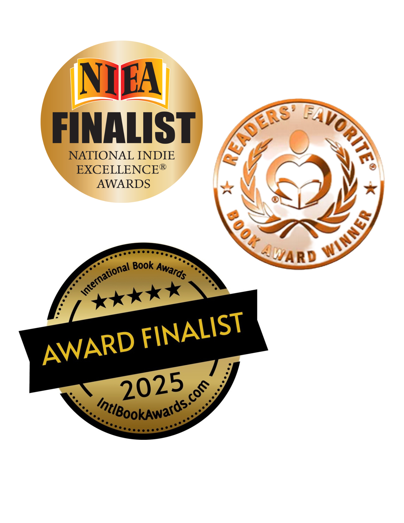 Collection of awards and badges including a gold circle for National Indie Excellence Awards, an orange circle for Read's Favorite Book Award Winner, and a gold and black badge for International Book Awards 2025 finalist.