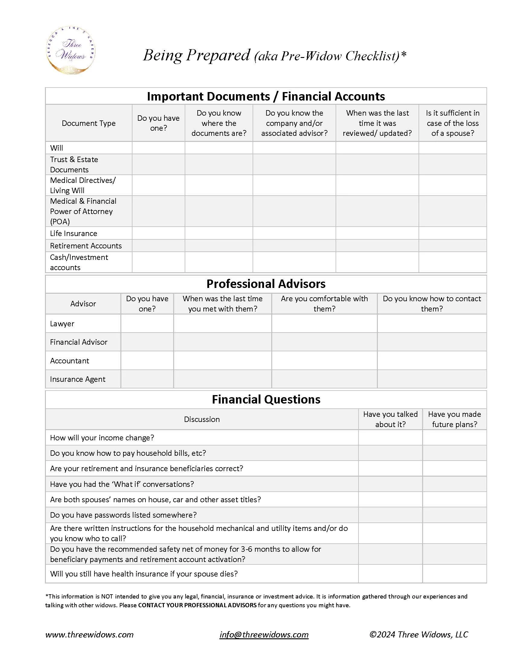 A pre-widow checklist form titled "Being Prepared" with sections for important documents, professional advisors, and financial questions, including checkboxes and empty fields for user input.