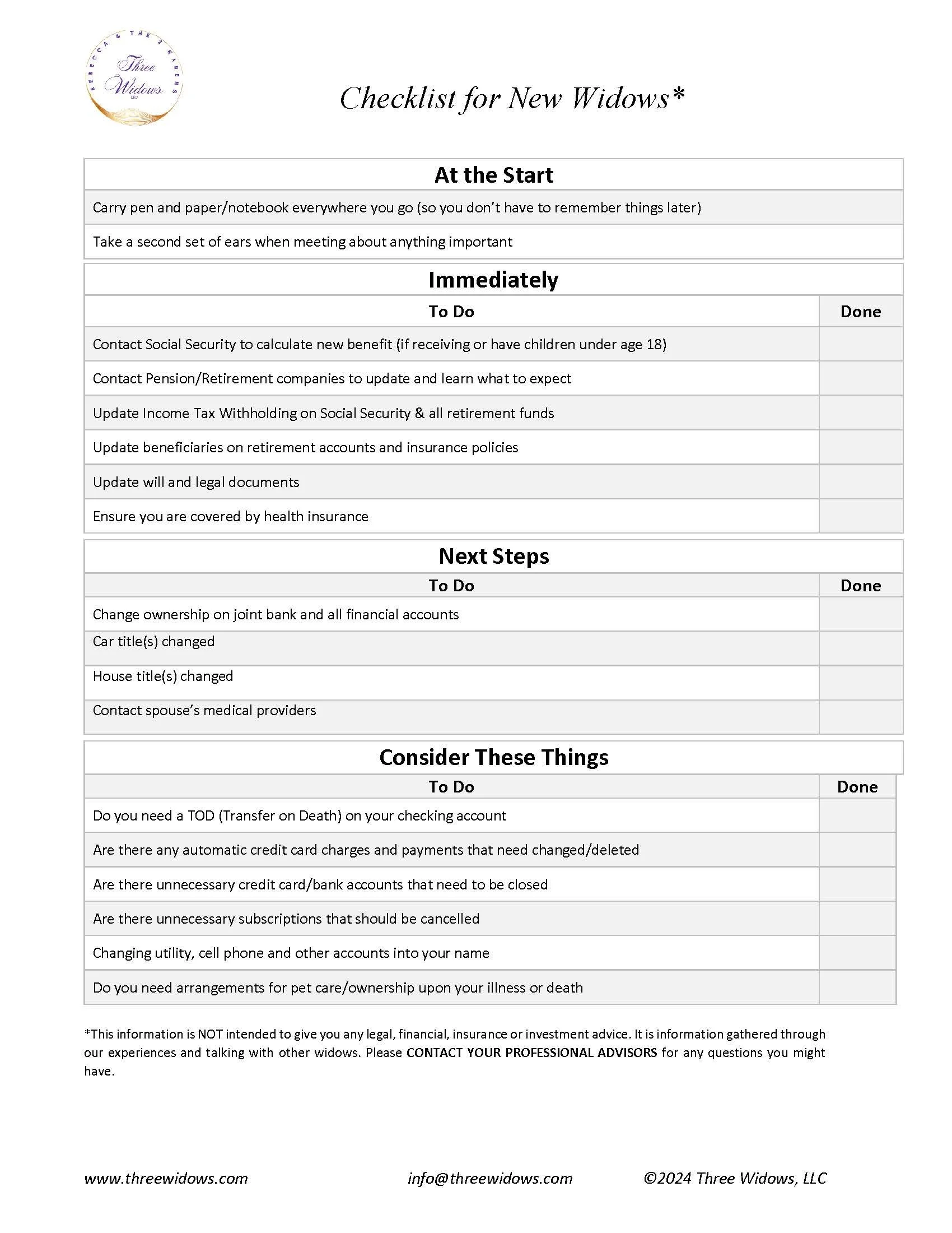 Checklist for new widows with sections for initial tasks, immediate to-do list, next steps, and considerations, including contact information for Three Widows LLC.