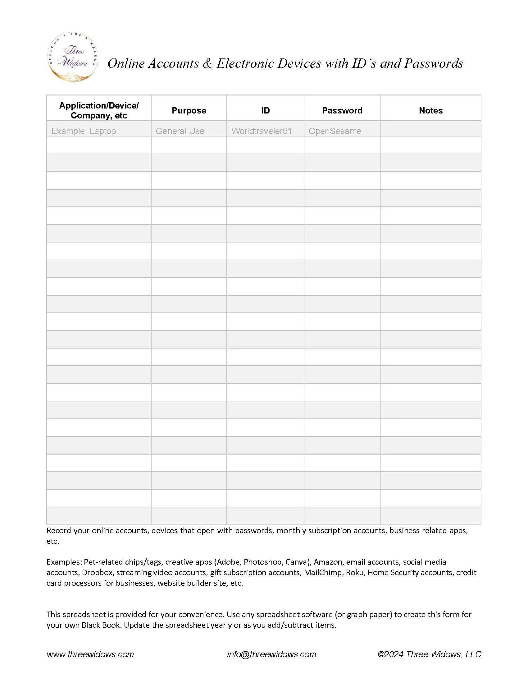 A spreadsheet template titled 'Online Accounts & Electronic Devices with ID's and Passwords' for recording login information, with columns labeled Application/Device, Purpose, ID, Password, and Notes, and includes instructions for use.