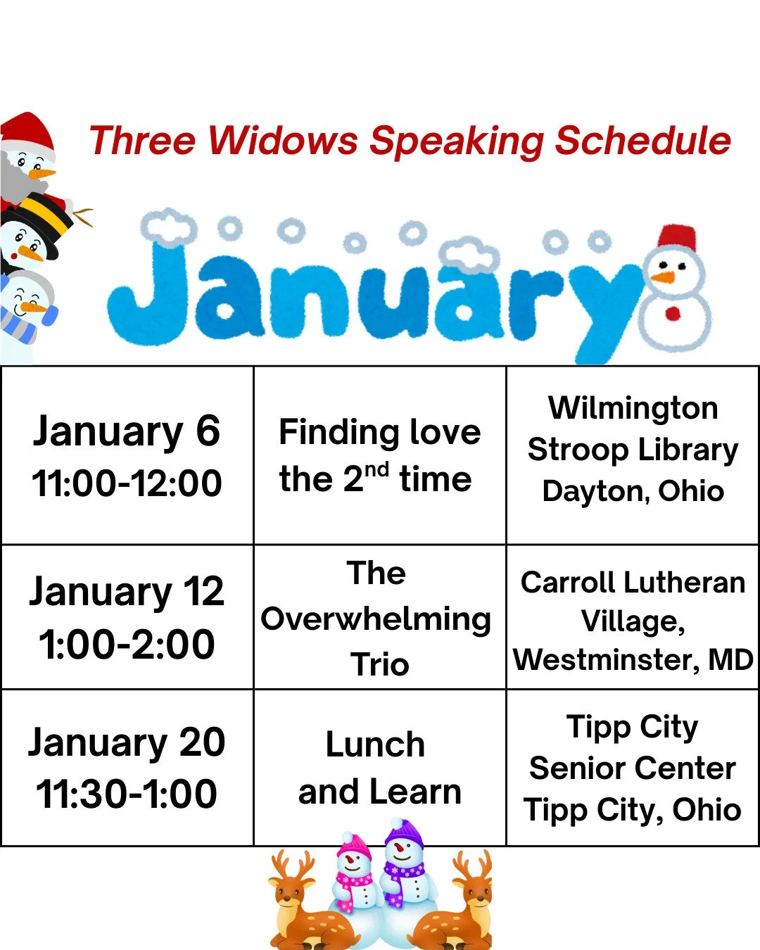 Choose your date and mark your calendars. In January, we invite you to join us for heartfelt conversations about our shared experiences and the lessons we've learned as widows. We look forward to connecting with you and offering support and valuable 