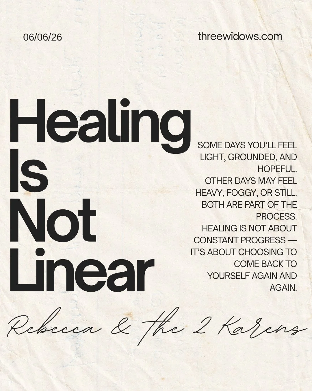 SOME DAYS YOU'LL FEEL LIGHT, GROUNDED, AND HOPEFUL. OTHER DAYS MAY FEEL HEAVY, FOGGY, OR STILL. BOTH ARE PART OF THE PROCESS. 

HEALING IS NOT ABOUT CONSTANT PROGRESS-- IT'S ABOUT COMING BACK TO CHOOSING YOURSELF AGAIN AND AGAIN.