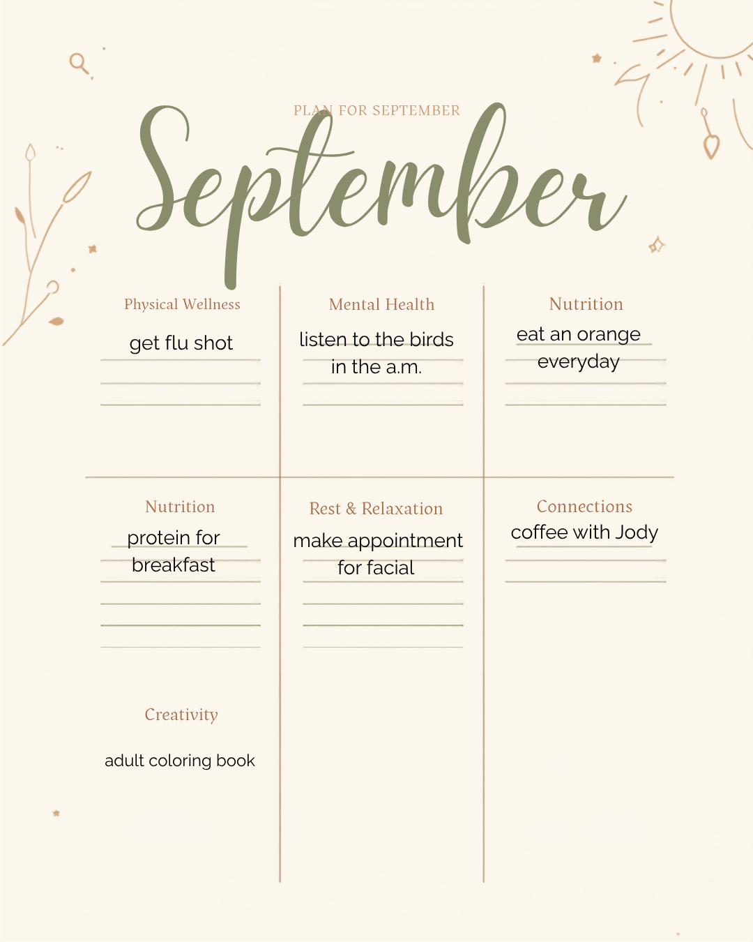 September monthly planner with wellness, mental health, nutrition, rest, and connections goals, decorated with minimal floral and sun illustrations.