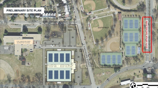 Preliminary site plan showing buildings, parking lots, tennis courts, and surrounding roads.